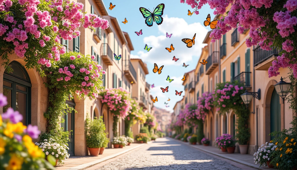 découvrez narbonne transformée en un spectacle floral enchanteur avec des cascades de fleurs et des papillons colorés pour célébrer l'arrivée de l'été en centre-ville.